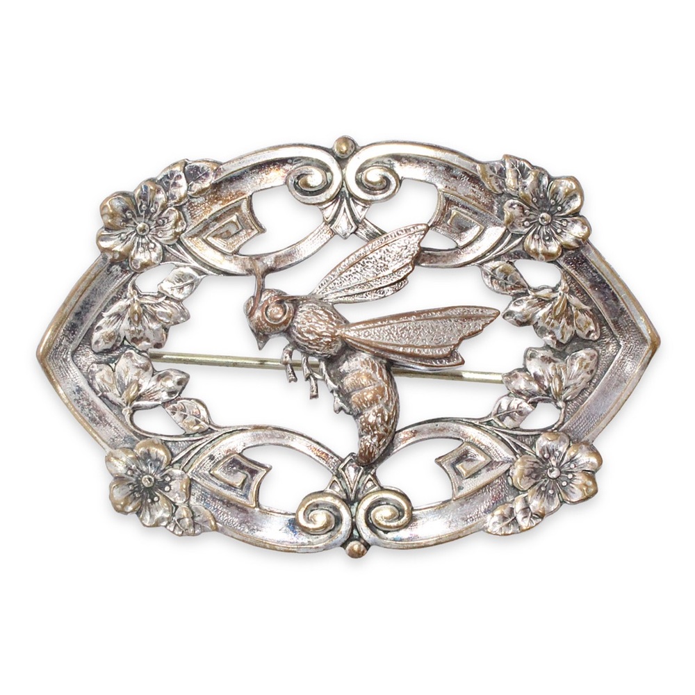 Antique Art Nouveau Bee Sash Pin Brooch Large Silver Plated Vintage Early 1900s